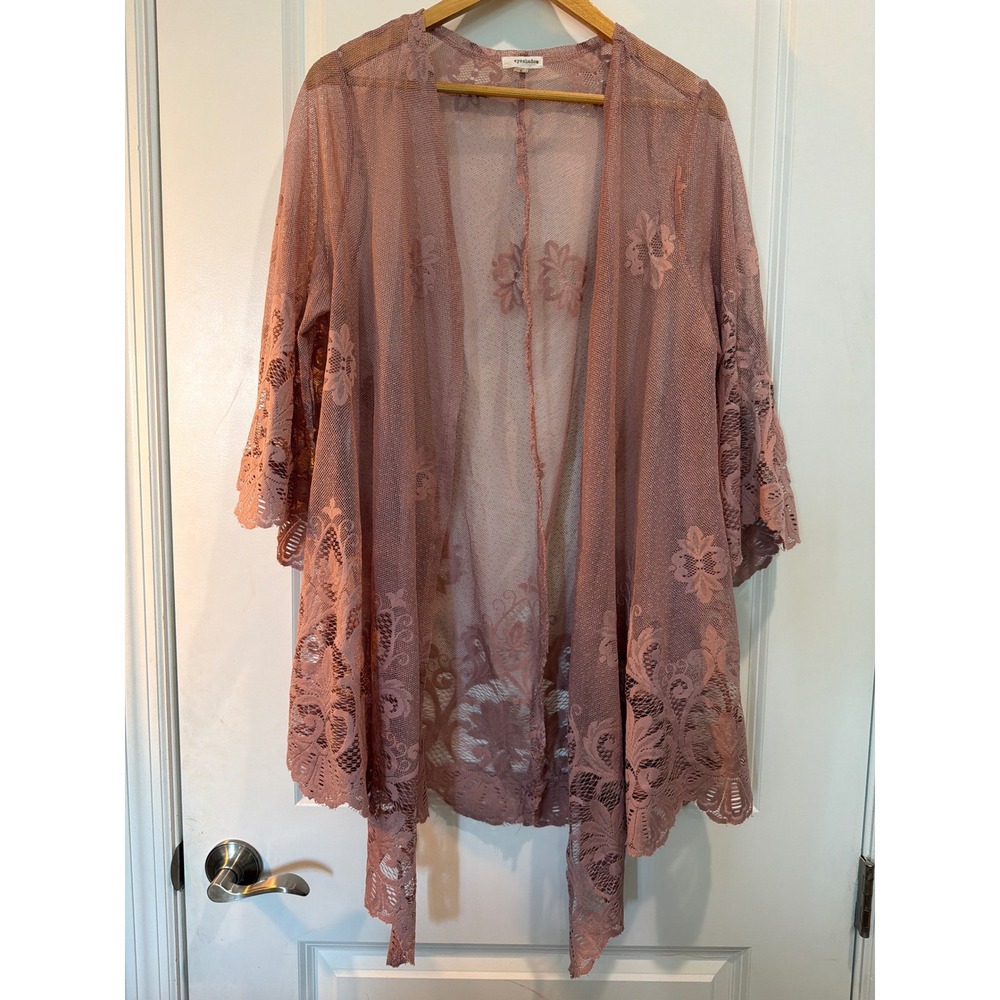 Eyeshadow Womens Mauve Pink Floral Lace Mesh Open Front Kimono Cardigan Large